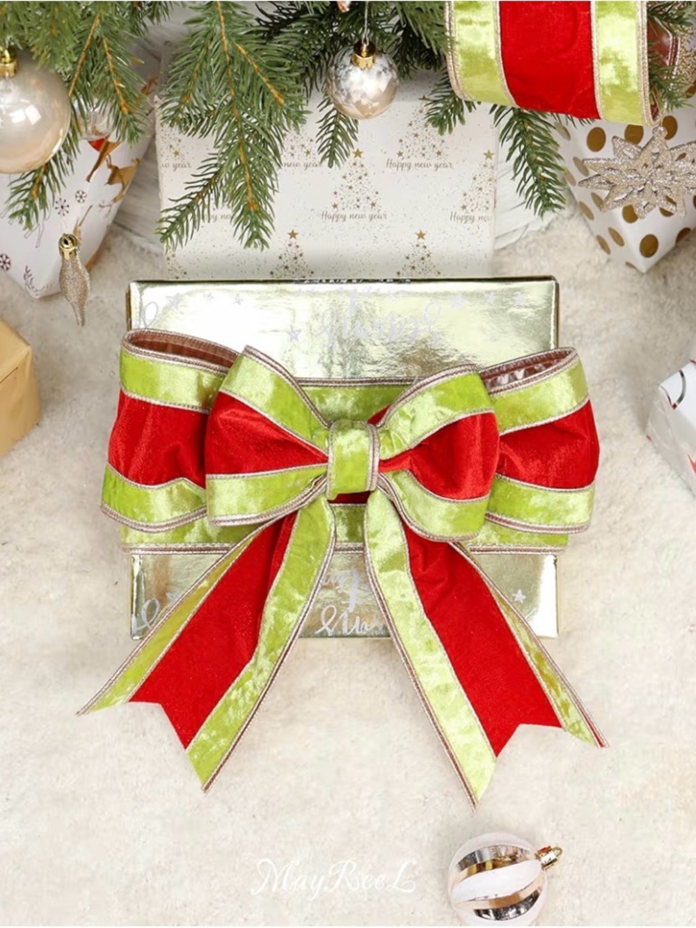 Holiday Velvet Ribbon in Red and Lime Green - Picture 6 of 11